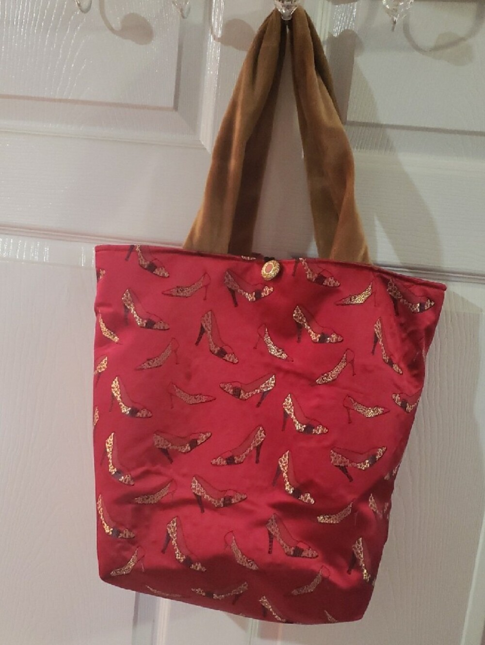 Women’s Red Satin Tote Bag with Gold Shoe Print - Picture 2 of 4